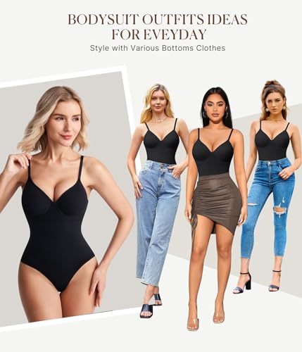 Image of BRABIC Shapewear Bodysuits for Women Tummy Control Shapewear Seamless Backless V-Neck Tops with Built-in Bra