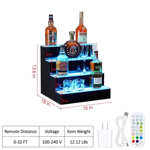 4 Tiers LED Lighted Liquor Bottle Display,16in LED Liquor Shelf with Remote & App Control,16 Colors,4 Modes,Bottle Shelf Multi-Color Lighting Modes,Bars