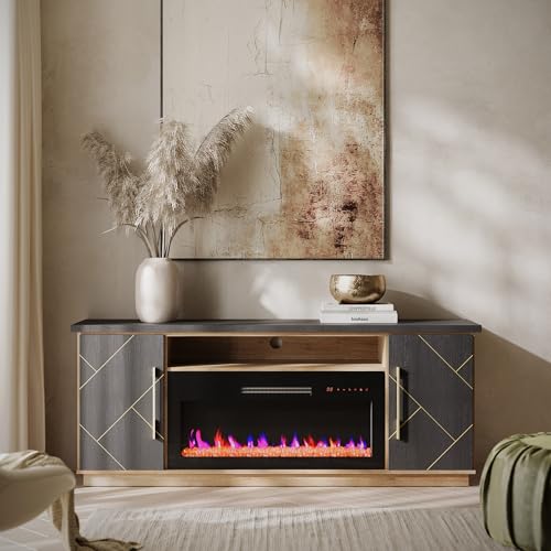 BELLEZE 68“ Fireplace TV Stand for TV's Up to 75", Elegant Entertainment Center with 36" Electric Fireplace Heater, Storage Media Console with Drawe