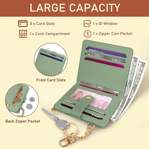 Image of Jogjam Green Rfid Ladies Wallet, Small Slim Thin Compact Credit Card Women Wallet, PU Leather Bifold Cash Zipper Coin Pocket ID Window for Female