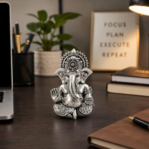 Image of Gold Art India Ganesh Idol 999 Silver Plated Antique Matte | 3 x 2 Inch Ganesha Murti with Peacock Blue Velvet Gift Box | Home Temple, Office Desk & Spiritual Gift
