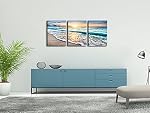 Pyradecor 3 Panneaux Blue Beach Sunrise White Wave Images Peinture sur toile Mur Art moderne Échelle et encadrée paysage de mer Giclee Canvas Imprimés Vue sur la mer Paysage Artwork pour la maison Bureau Décorations