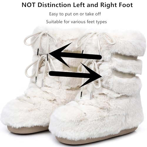 JIANCHIBUXIE Womens Snow Boots,Fuzzy Furry Fluffy Fur Boots with Faux Fur Lined,Winter Mid-calf Lace-up White Black Pink Warm Comfortable Ski Boots (beige 8, 9)