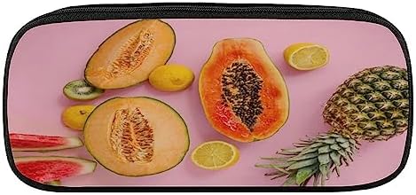 FIONEL Several-different-fruits PU Leather Quad Pen Case Zipper Pencil Pouch Holder for Pens Case Office Storage Box Organizer Pen Bag(8×1.5×3.5 IN)