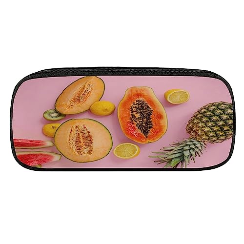 Fionel Several-Different-Fruits Pu Leather Quad Pen Case Zipper Pencil Pouch Holder For Pens Case Office Storage Box Organizer Pen Bag(8×1.5×3.5 In) #TOP26