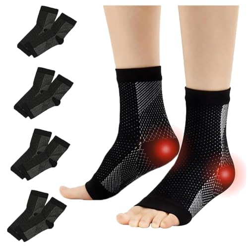Wjelet 4 Paar Sprunggelenkbandage Orthopädische Kompressionssocken, Neuropathie Knöchelbandage Sprunggelenk Damen Herren, Achillessehnenentzündung Socken für Sport, Fussball, Fitness (Schwarz, L/XL)