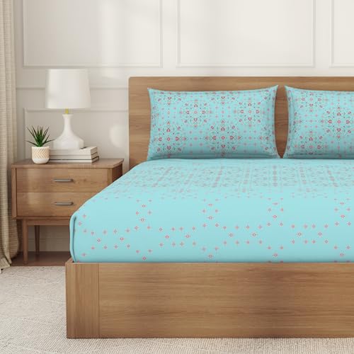Image of Welspun ENZO Queen Size Fitted Bedsheet with 2 Pillow Covers | 360 Elastic | 100% Pure Cotton | 60 x 78 Inches | Soft, Breathable, Lightweight & Easy Care | Light Blue