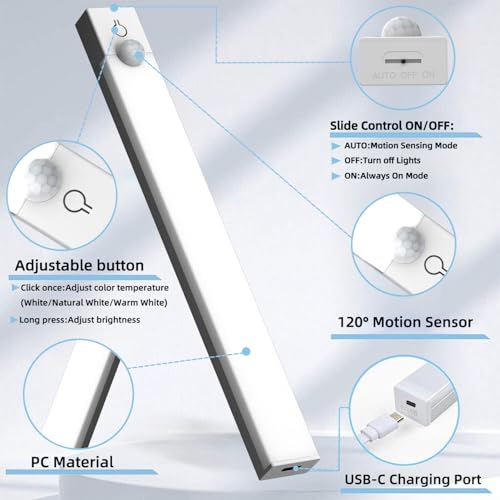 Image of Under Cabinet Lighting 4 Inches Rechargeable Motion Sensor Light Indoor, 3 Color Dimmable Closet Light Battery Operated, USB Stick on LED Magnetic Under Counter Lights for Kitchen Stair, 6 Packs