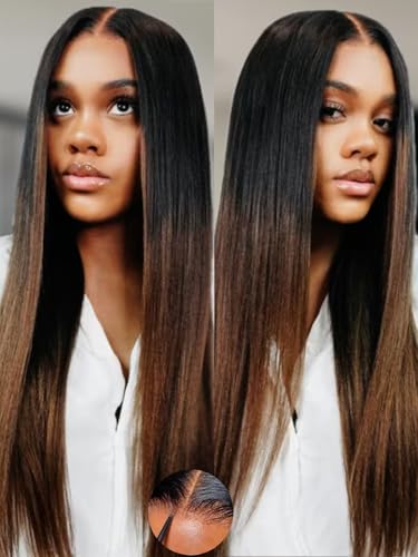 Image of KLAIYI Ombre Brown Yaki Straight Pre Everything Glueless Precut 13x4 Lace Front Wigs Human Hair Drawstring Pre Plucked Bleached Ready to Wear and Go Wig with Dark Roots Chestnut Balayage Brown 20Inch