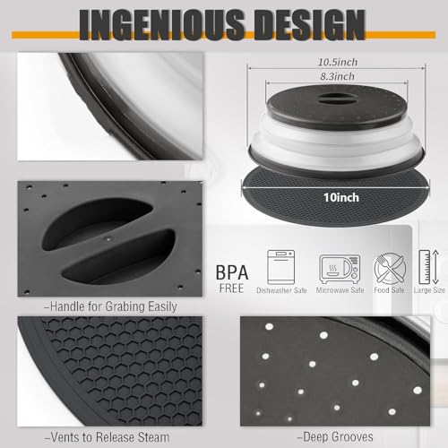 Image of Microwave Splatter Cover & Silicone Mat - Collapsible, Vented, Reusable Food Guard and Plate Cover with Heat-Resistant Trivet for Pots, Pans, and Kitchen Counter, Black