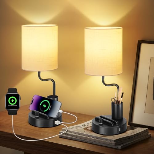 OUTON Bedside Table Lamps Set of 2 – Stepless Dimmable Nightstand Light with Linen Shade, USB-A & USB-C Ports, Phone Stand & Pen Holder, 2700K Warm LED Bulb Included, for Bedroom, Dorm, Office, Black