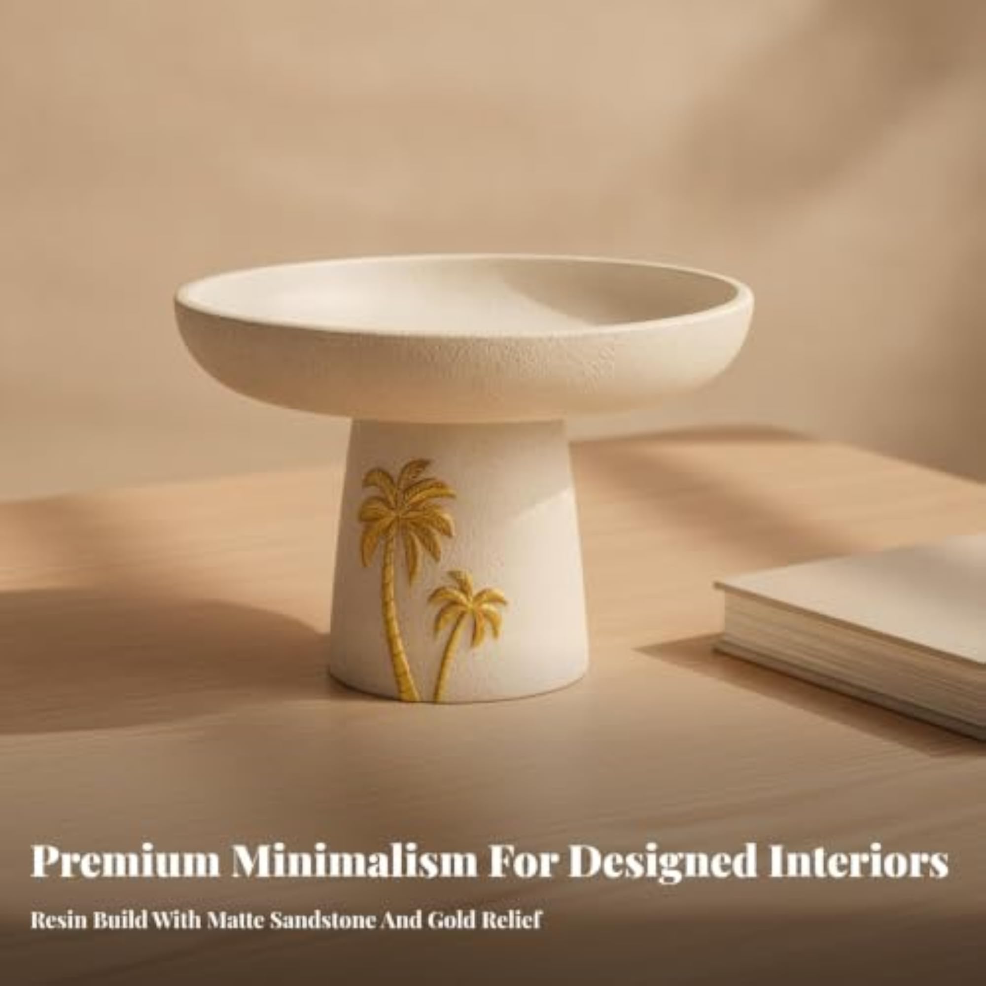 Textured Eggshell Finish Pedestal Dish with Palm Foliage Pattern