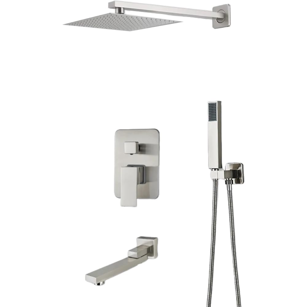 Ensemble de douche de pluie avec robinets de salle de bain finition nickel brossé - 7