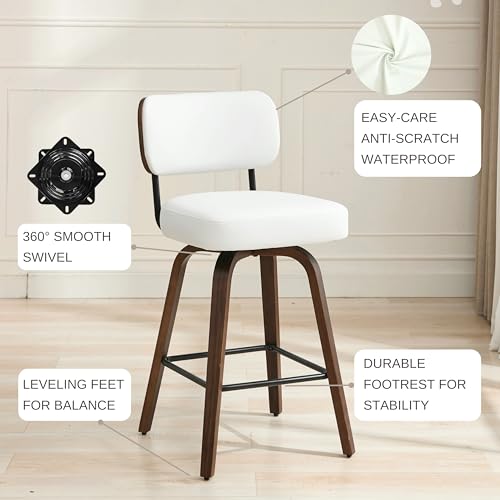 Image of Swivel Bar Stools Set of 2, 30 inch Upholstered Bar Height Stools with Back and Walnut Wood Legs, Faux Leather Barstools for Kitchen Counter, White