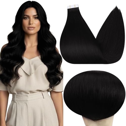 Image of Full Shine Tape in Hair Extensions Human Hair, 22 Inch 100g 40PCS Jet Black | Invisible Human Hair Tape in Extensions, Double Sided Seamless Design Add Length Smooth Finish
