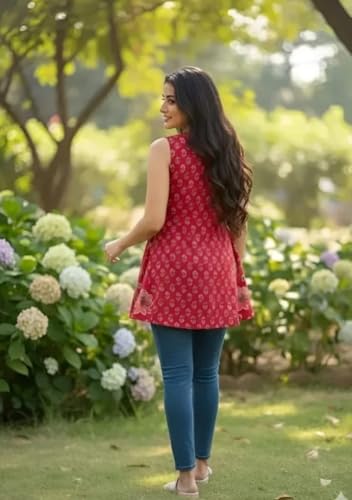 Image of Women's Red Floral Printed Sleeveless V-Neck Peplum Top, Casual Wear