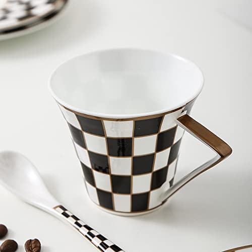 Porlien Hans 7-Ounce Checker Teacups And Saucers Set Of 6, Coffee Cups Set #TOP2