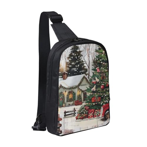 Farmhouse Christmas Print Messenger Bag Men Women Adjustable Shoulder Bag Travel Hiking Chest Bag Black One Size