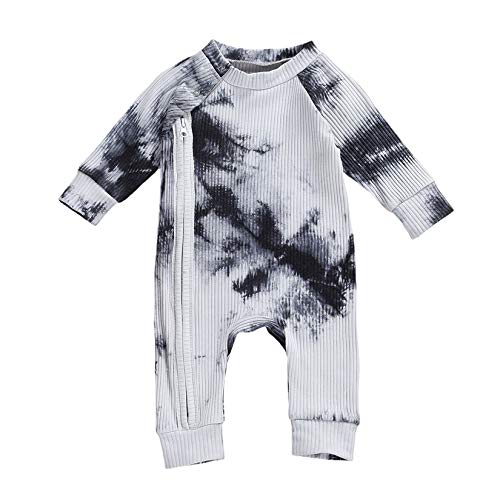 Voydsunflower Newborn Baby Boys Girls Long Sleeve Tie-Dye Romper Knitted Jumpsuit Button Down Pajamas Fall Winter Clothes (18-24 Months, Tie Dye Zip B - Grey)