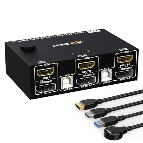 Dual Monitor KVM Switch 4K@60Hz, HDMI+Displayport KVM Switch for 2 Computer Share 2 Monitor and 4 USB Port Keyboard Mouse,Wired Remote KVM Cables Included