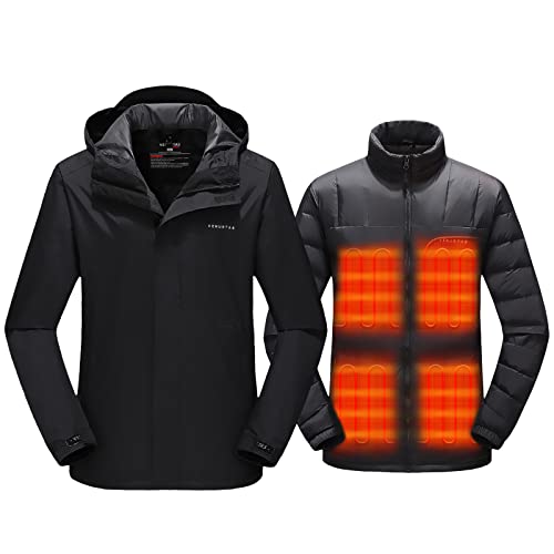 Venustas 3-In-1 Heated Jacket For Men, Puffer Down Heated Coat With Battery Pack 7.4V, 5 Heating Zones, 90% Duck Down, Rechargeable Heated Clothing For Hiking Hunting Camping #TOP27