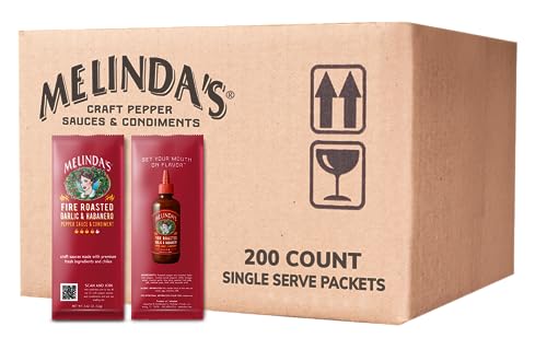 Image of Melinda's Fire Roasted Garlic & Habanero Hot Sauce Packets - 200 Count (.42 Oz Each) - Hot Sauce Packets Single Serve for Travel, Party, Business - Convenient Individual Condiment Packets in 8 Flavors