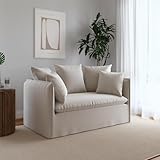 Novogratz Collette 56.5' Loveseat Sofa with Washable Slipcover, Comfy Couch with Flip Pillows, Oversized Sofa Chair, Off White Canvas Weave