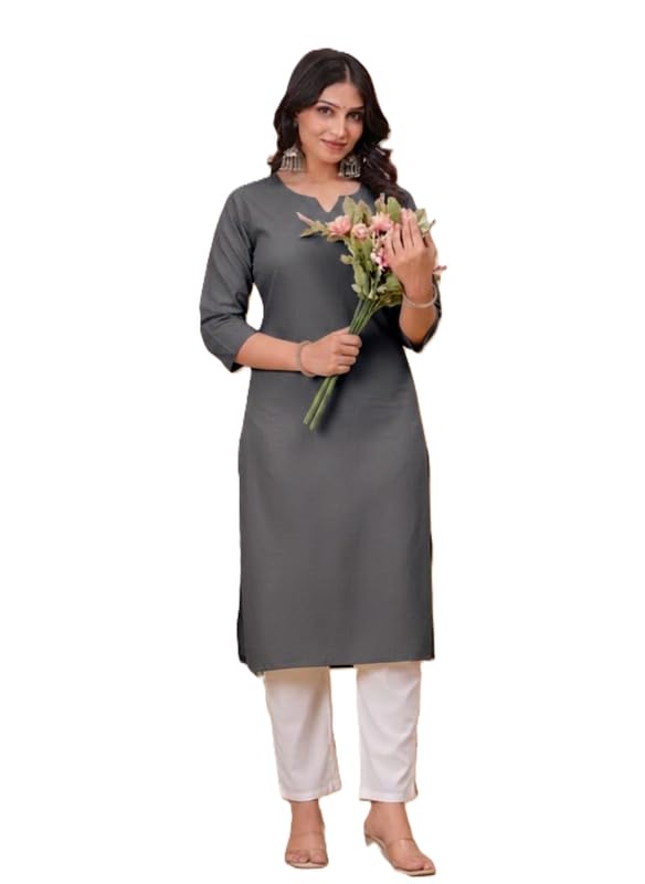 Cotton Linen A-Line Long Kurti for Women Elegant V-Neck Regular Fit Solid Kurta Daily Formal Office Festival Wear-image-18