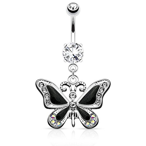 Pierced Owl 14GA Stainless Steel CZ Crystal Butterfly Dangling Belly Button Ring (Black)