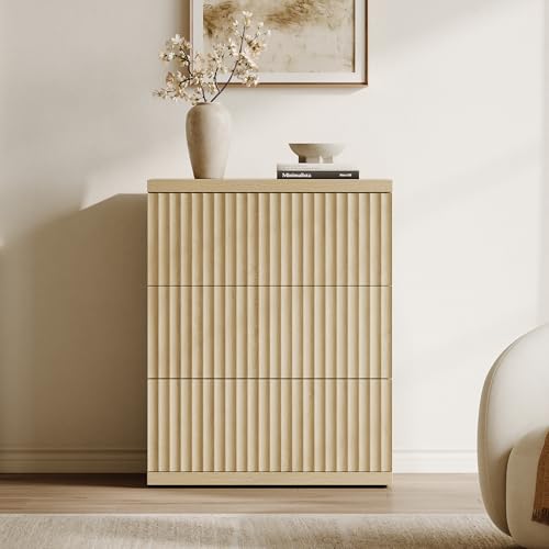 Image of SICOTAS Modern Sideboard Buffet Cabinet, Fluted Credenza Storage Cabinet with 3 Larger Drawers, Mid Century Media Console Coffee Bar Table for Dining Room Hallway Kitchen, Coastal Oak