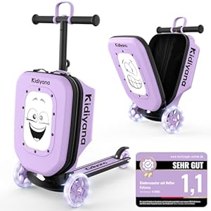 Kidiyana Kinder Scooter mit Koffer, Handgepäck Koffer mit Roller, LED-Rädern, Höhenverstellbarer Lenker, A5 Sichtfenster, 7cm Stauraumerweiterung, Kleinkind Geschenk für 2–8 Jahre, Bis 50kg, Lila
