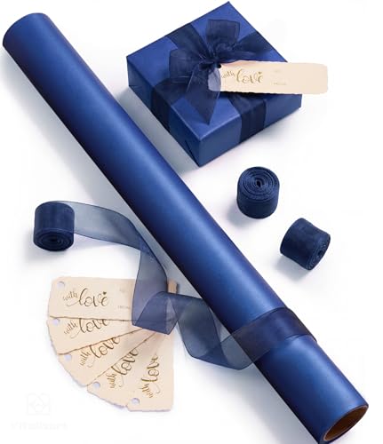 Vitalizart Navy Blue Pearly-Lustre Wrapping Paper Set 17 With Organza Ribbon & Gift Tags Christmas Gift Wrapping Birthday Baby Shower Wedding Bouquets Handmade Crafts 197(16.4 Ft) Blue Ribbon