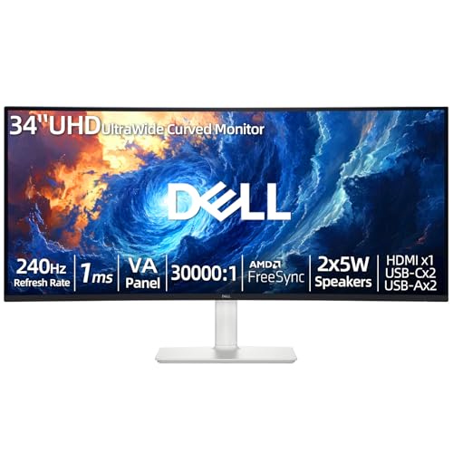 Image of Dell Plus 34 inch UltraWide Curved Monitor, VA Panel, 120Hz Refresh Rate, 1ms, 30000:1, AMD FreeSync, Integrated Dual 5W Speakers, 1 HDMI, 2 USB-C, 2 USB-A, VESA Mount, Adjustable Stand