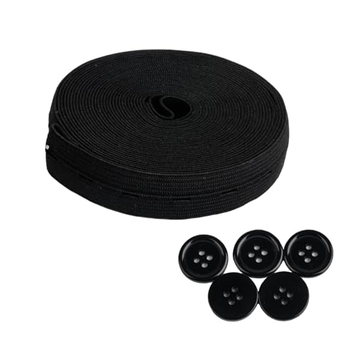 1 Rollo Banda Elástica con Ojales, Cinta Elástica de Costura con Ojal, 19 mm x 5 m negro Goma Elastica Costura con Agujero de Botón para Pantalones Falda Costura Tejido, con 5 Botones negros
