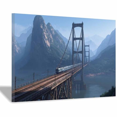 Impression sur toile pont nature CUDAOO 40x60cm encadrée bleue pour décoration murale