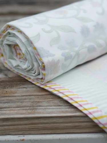 Image of Bagicha 100% Cotton Hand Block Floral Print Summer Muslin Dohar | 3-Layer Lightweight Reversible Blanket | Queen Bed Size A /c Comforter | Soft, Breathable, Quilt for Home, Bedroom (Multicolor)