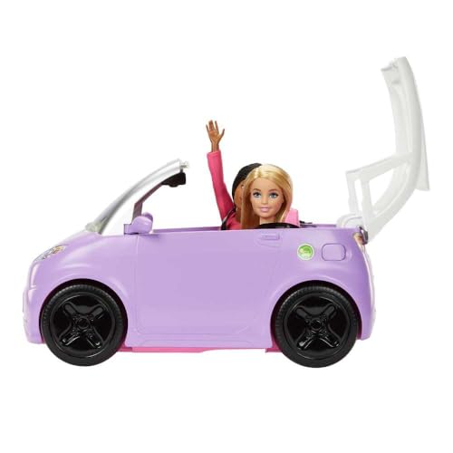 Barbie-Auto, Cabrio, Elektroauto lila mit Ladestation und Kabel, rosa Innenausstattung, bewegliche Räder, Puppe Nicht enthalten, Geschenk für Kinder ab 3 Jahren,HJV36