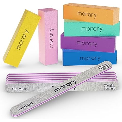 Morary Nail Files and Buffers 12Pcs Professional Manicure Tools Kit, 6 Pcs Gray Double Sided 100/180 Grit Nail Files & 6 Pcs Rectangular Nail Buffer Block Mulit Color Cover