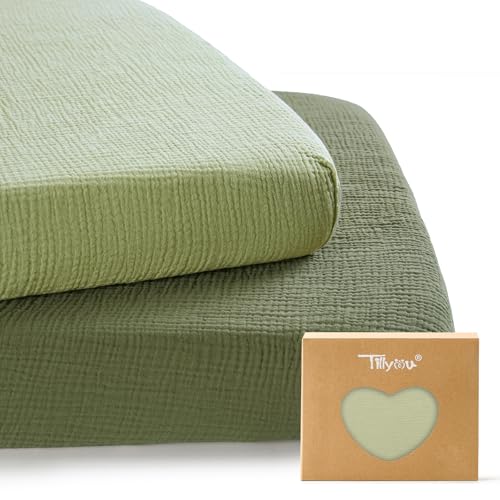 Image of TILLYOU Muslin Mini Crib Sheets 2 Pack, Pack and Play Mattress Sheets Fitted for Pack N Play, 38 x 26 Sheet for Toddler, Forest Green and Light Green