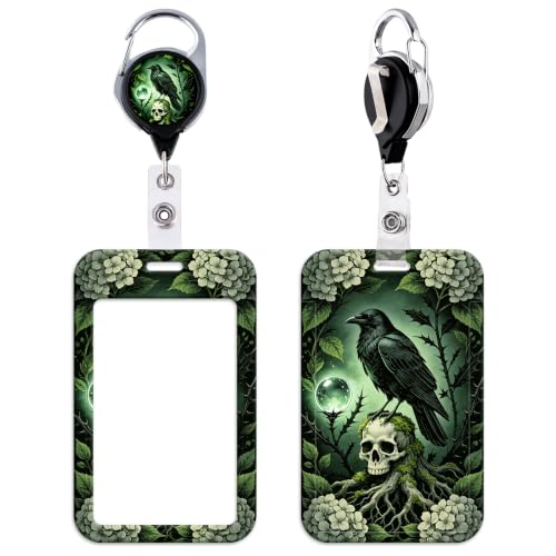 Black Crow Retractable Badge Holder Reel Cool Badge Reel with ID Holder | Gothic Skull Tree Green Vertical Card Holder for Lanyard Witchy Halloween Reel for ID Badge Keys for Women Men, for Gift