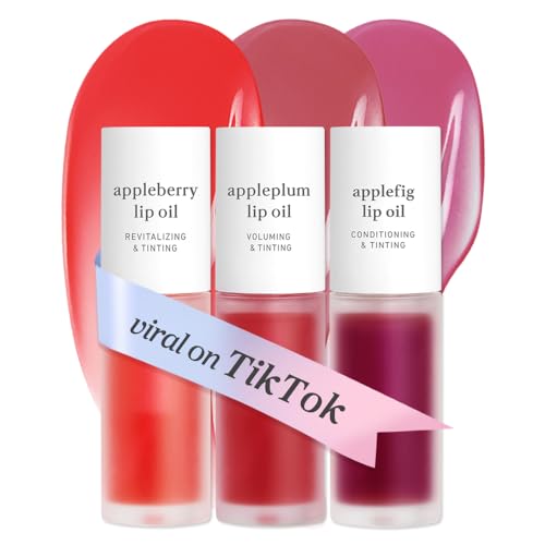 Image of NOONI Korean Lip Oil Set - Appleberry, Appleplum & Applefig - Long-Lasting, Moisturizing, Revitalizing - Waterproof, No Peel Off, Stocking Stuffers (3EA, 0.12 fl oz)