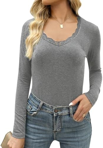 Crewhpo Langarmshirt Damen Slim Fit mit Spitze V-Ausschnitt Basic Oberteil | Zeitloses Einfarbiges Design, Leicht zu Kombinieren, zu Jeans und Röcken Passend, für Einkaufen und Fre