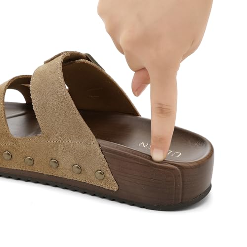 Image of UBFEN Womens Platform Slide Sandals | Real Leather,Buckle Sandals with Cushioned Flatform Footbed,Comfortable for Walking,Arch Support,Casual Styling