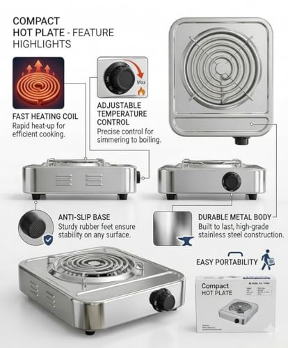 Image of Drumstone 5 Star Warranty 1000W Electric Hot Plate, Portable Countertop Single Burner with Adjustable Temperature Control, Cast Iron Heating Plate, Compact Cooktop for Cooking, Boiling & Warming, 120V