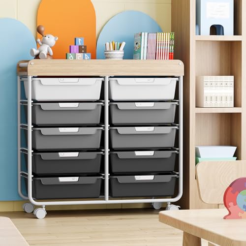 KINGRACK Rollcontainer mit 10 Schubladen, Rollwagen mit Schubladen für Bastelbedarf, Kunstmaterialien, Home Offices und Klassenzimmer (Grau)