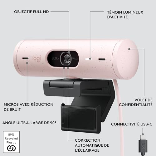Logitech Brio 500 Webcam Streaming HD avec Expo Auto, Mode ’Show’, Deux Micros à Réduction de Bruit, Clapet Webcam Confidentiel, Compatible Microsoft Teams, Google Meet, Zoom, Câble USB-C - Rose