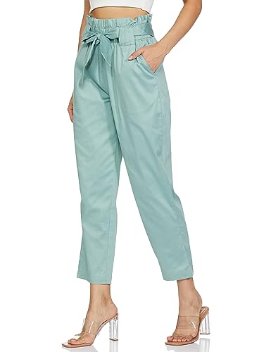 Image of Amazon Brand - Symbol Women's Slim High Rise Ankle Length Tapered Paper Bag Formal Trousers (with Self Fabric Belt) (Available in Plus Sizes)