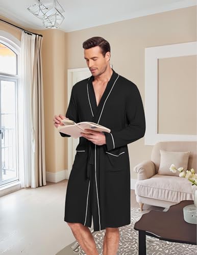 Ekouaer Mens Robes Lightweight Knit Bathrobe Long Sleeve Kimono Robe V Neck Spa Knee Length Sleepwear with Pockets S-XXL4