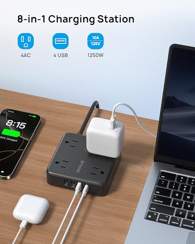 Image of TROND Surge Protector Power Strip with USB Ports, 5ft Flat Plug Extension Cord with Multiple Outlets, 1440J, Wall Mount for Home Office Dorm Room Essentials, Black