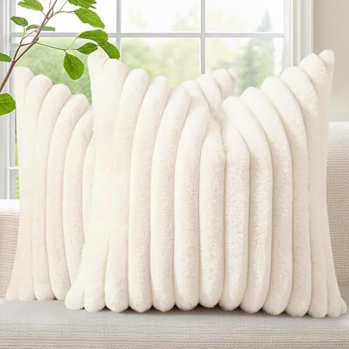 decorUhome Housses de coussin en fausse fourrure 45x45 cm Lot de 2, Housse d'oreiller décorative douce en peluche rayée neutre 18X18 pouces avec dos en...